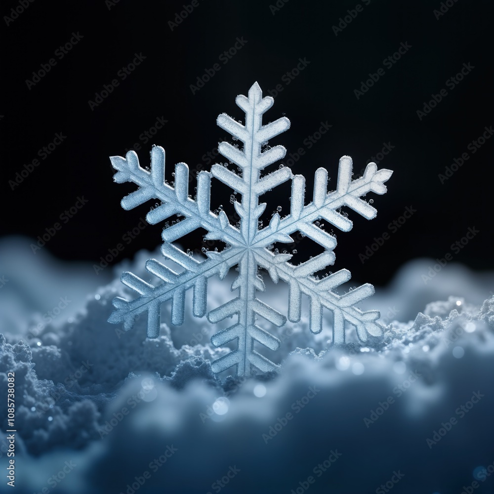Poster large frozen snowflake sits in snow. detailed macro view shows complex ice patterns. dark background