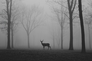 Solitary Deer Amidst a Misty Forest Landscape