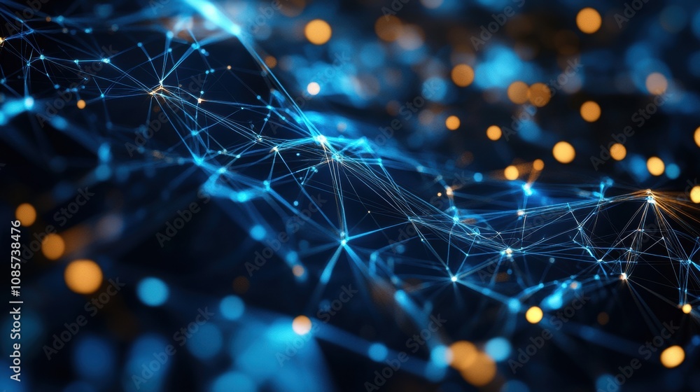Poster abstract representation of digital connectivity with glowing nodes and lines against a dark backgrou