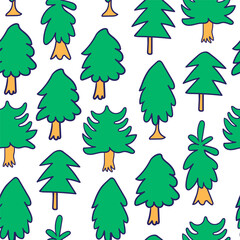 Seamless pattern with Christmas tree in doodle style in vector on dark background. Element for decoration postcards poster print background backdrop wrapping wallpaper banner