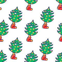 Seamless pattern with Christmas tree in doodle style in vector on dark background. Element for decoration postcards poster print background backdrop wrapping wallpaper banner