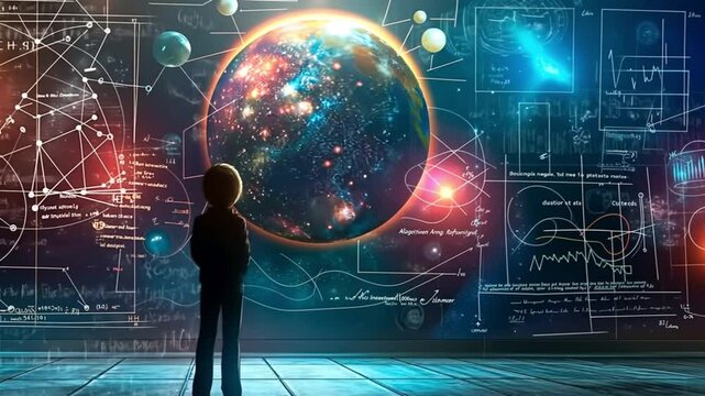 Young observer gazing at an illuminated universe globe with physics formulas on a chalkboard. Representing themes of curiosity, astronomy, and educational discovery.