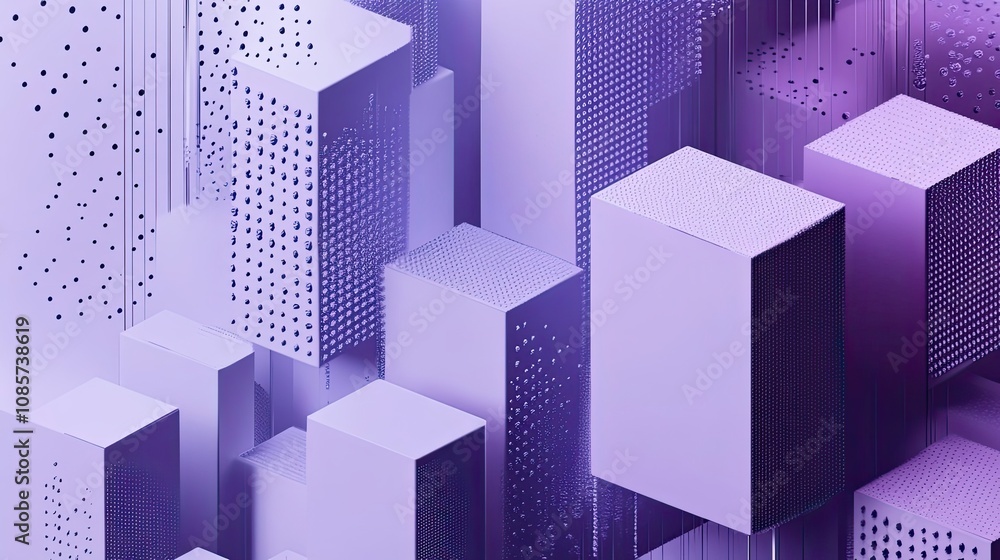 Poster abstract geometric composition with purple cubes and dotted patterns