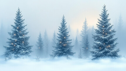 Fototapeta premium magical forest filled with Christmas trees adorned with glowing lights. The scene evokes warmth, holiday spirit, and wonder, symbolizing hope, peace, and the enchantment of the festive season