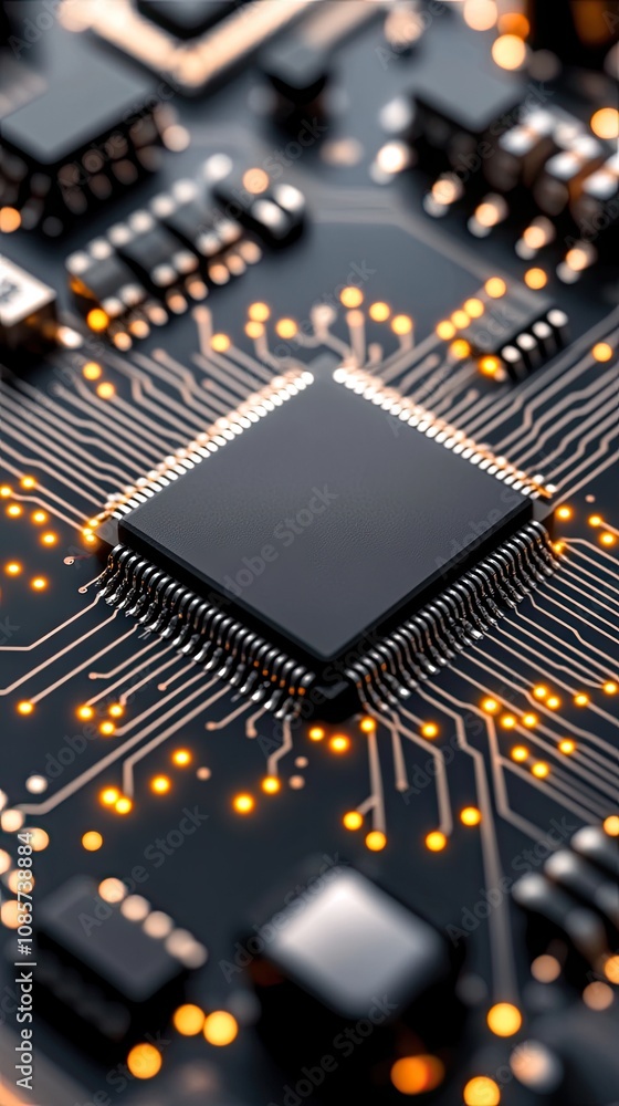 Poster a close-up view of an integrated circuit on a circuit board, revealing intricate designs and complex