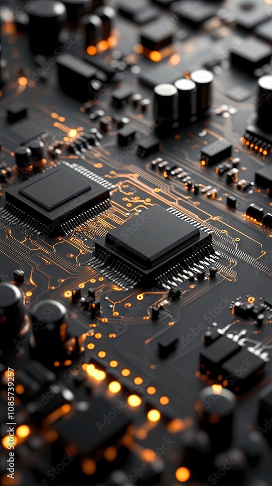 Poster exploring the intricate design of an integrated circuit on a modern circuit board showcasing electro