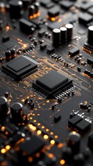 Exploring the intricate design of an integrated circuit on a modern circuit board showcasing electronic components and microchips