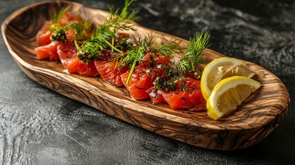 Wooden Platter with Scandinavian Gravlax Garnished with Dill and Lemon