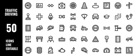 50 Traffic and Driving Icons Set Pack Line Editable Vector Illustration