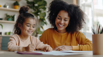 Mother and daughter enjoy a creative time together at home, painting and drawing to foster education and family leisure. Activity builds a connection through shared artistic expres