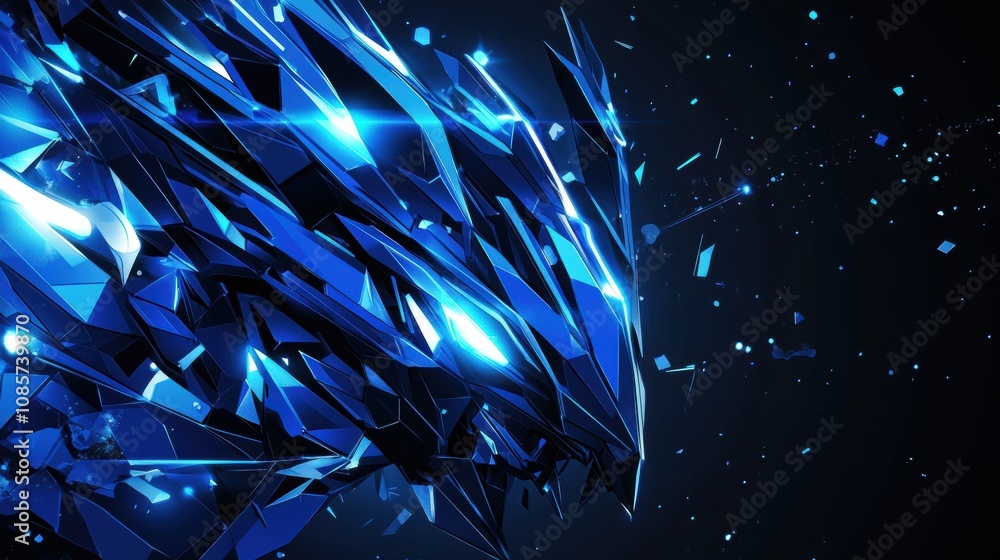 Poster abstract representation of a futuristic dragon in blue tones, composed of sharp geometric shapes and