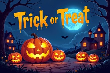 Halloween night scene with glowing pumpkins and full moon in spooky village.