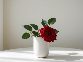 Fototapeta premium A single red flower surrounded by green leaves in a decorative vase.