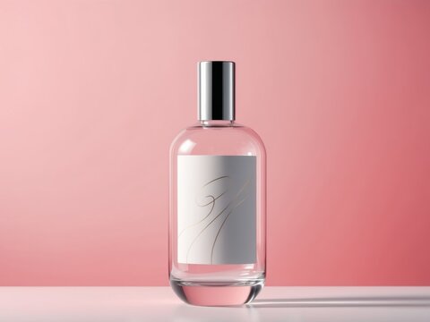 Stylish Clear Glass Bottle with Abstract Label and Pink Background for Modern Branding and Design Projects.