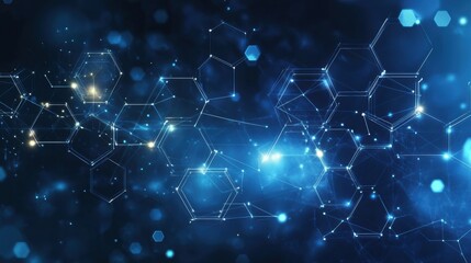 Obraz premium Abstract Background of Hexagonal and Geometric Shapes with Bright Glowing Particles in a Dark Blue Space for Scientific and Technological Themed Designs and Concepts