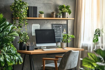 Stylish Home Office with Green Plants and Modern Decor