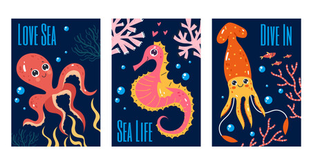 Sea animal ocean cute under water flyers isolated set concept. Vector graphic design illustration