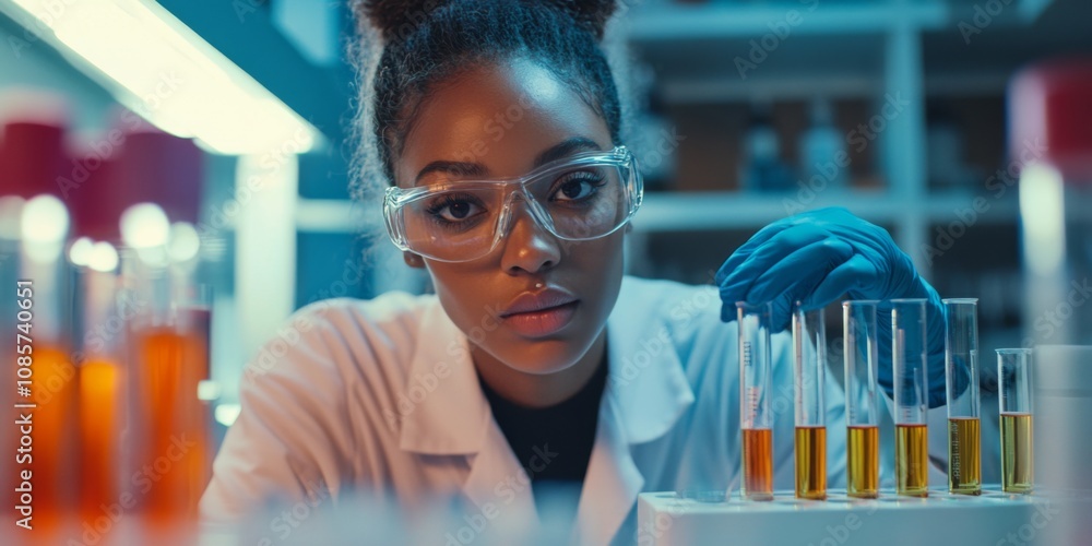 Poster a focused scientist in a lab examines colorful liquid samples in test tubes. the setting is vibrant 