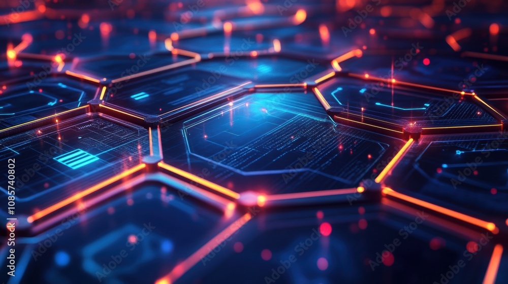 Poster abstract futuristic hexagonal technology background with glowing circuits and vibrant blue and orang