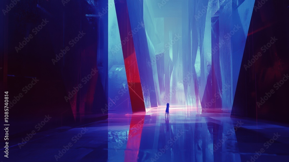 Poster surreal landscape with tall abstract structures and vivid light reflections in a dreamlike environme