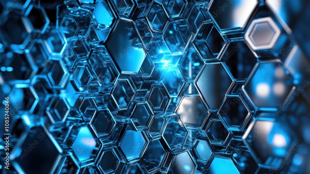 Poster abstract representation of a futuristic structure with interconnected hexagonal shapes, glowing blue