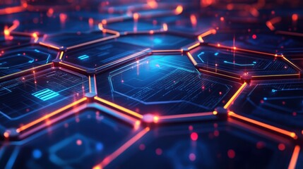 Fototapeta premium Abstract futuristic hexagonal technology background with glowing circuits and vibrant blue and orange lights showcasing a digital network concept