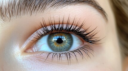 Obraz premium Close-up of a woman's eye with long eyelashes.