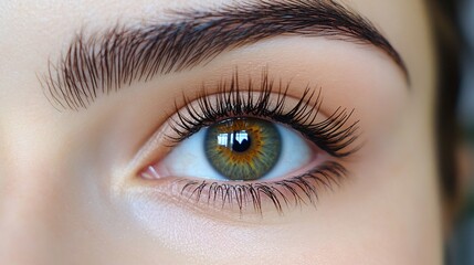Obraz premium Close-up of a woman's eye with long eyelashes and defined eyebrows.