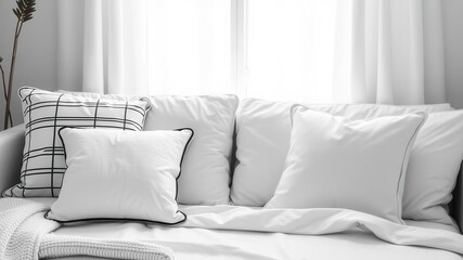 Obraz premium Various grey cushions arranged neatly on a grey background, comfort, monochrome, decorative pillows