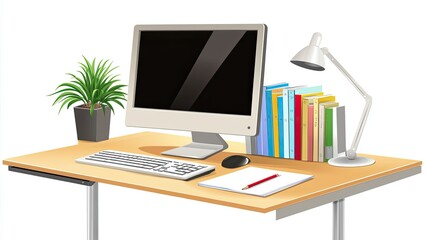 A Modern Desk with a Computer, Keyboard, Mouse, Pencil, Paper, Lamp, Books and Plant