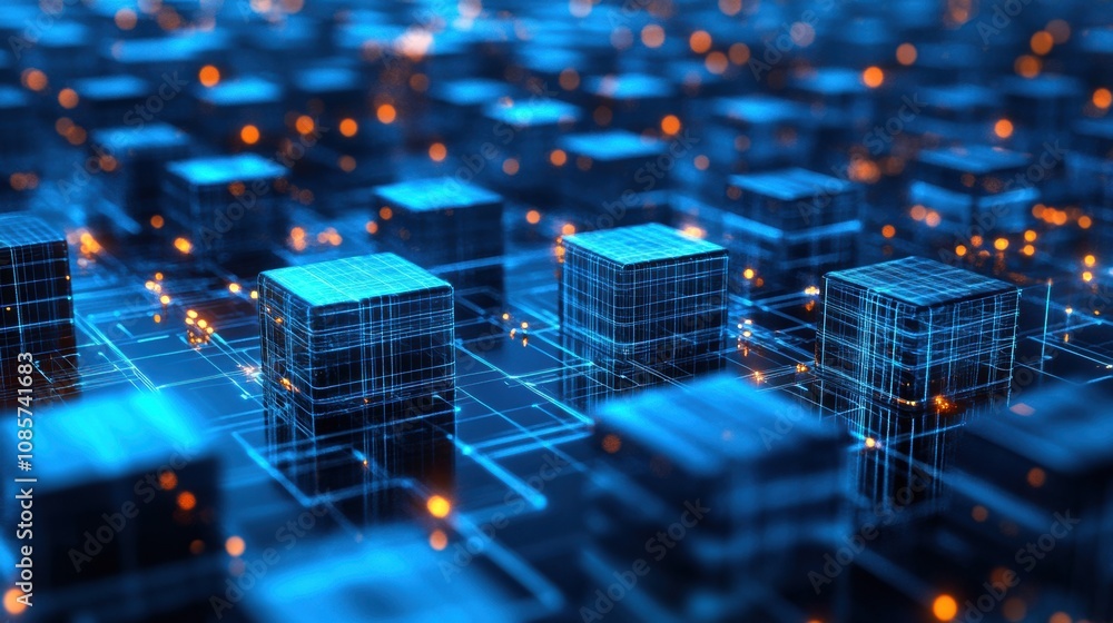 Poster abstract digital background with cubes and glowing lights showcasing the concept of data, technology
