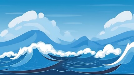 Stylized Ocean Waves Under a Blue Sky With Clouds