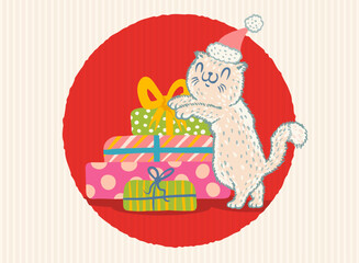 Vector illustration of a cute cat with Christmas gifts. Cat in Santa hat with presents. Cute illustration for winter holidays.