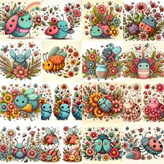 Fototapeta premium Cartoon bugs and flowers. AI generated illustration