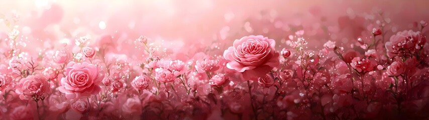 Obraz premium A vibrant field of blooming pink roses, creating a dreamy and romantic atmosphere, with soft lighting enhancing the delicate petals and lush green leaves.