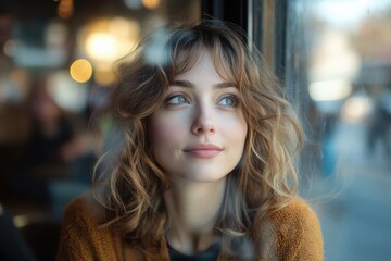 Obraz premium Young woman with curly hair gazes thoughtfully out of a cafe window during a sunny day, enjoying a moment of reflection in the bustling city