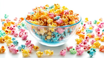 Bowl of assorted popcorn flavors: cheese, caramel, and classic, set against a white background for a colorful snack display.