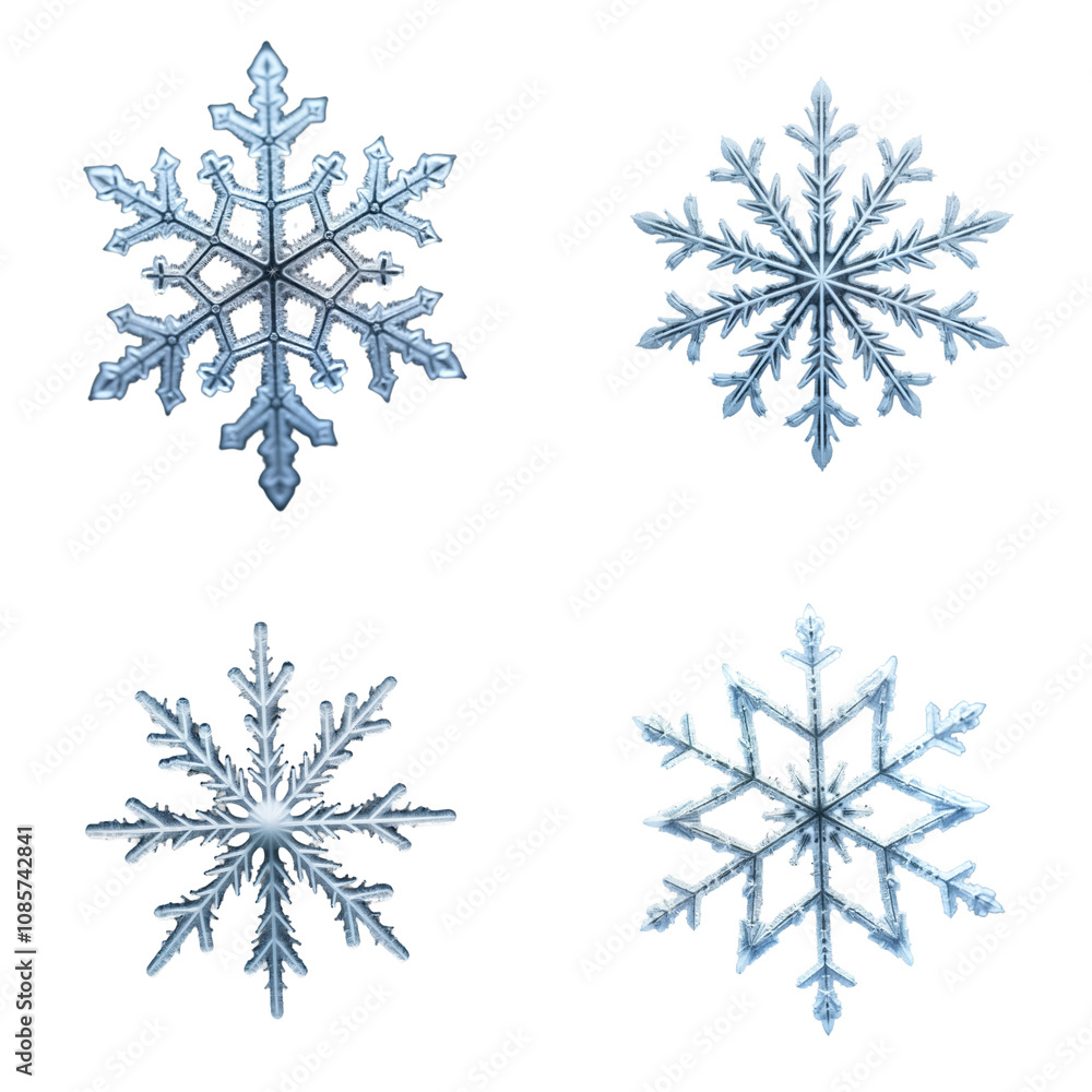 Poster close-up view of four large frozen snowflakes against alpha layer. complex crystal shapes detailed. 