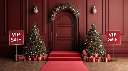 christmas sale concept. Private shopping event with Christmas decor, a red carpet entrance, and "VIP Sale" banners, Private event with red carpet and VIP sale signs, Luxurious and inviting