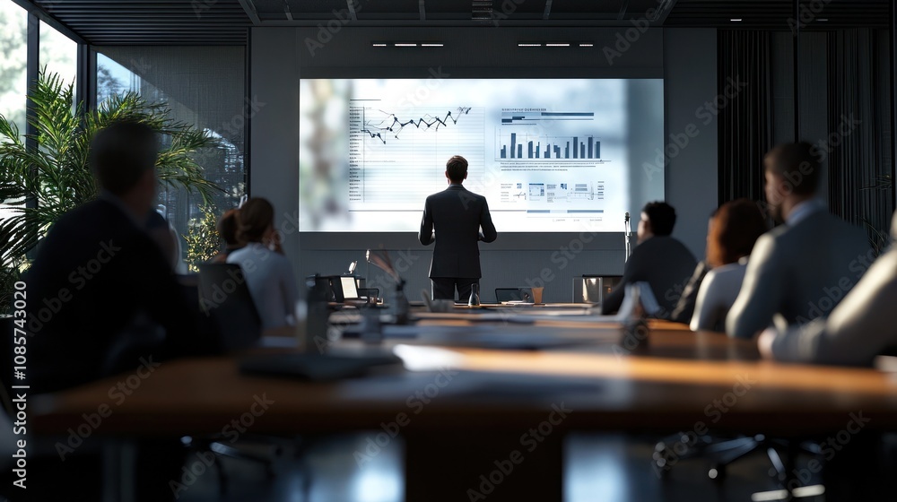 Aufkleber business presentation in a modern conference room with data visualizations on display.