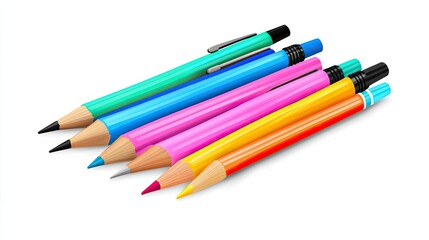 Fototapeta premium Six Colorful Pencils and Pens Laying in a Row