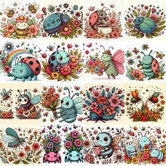 Naklejka premium Cartoon bugs and flowers. AI generated illustration