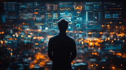 Businessman Engaging Cybersecurity Interface Visual locks glowing firewalls encrypted codes ensuring operational safety