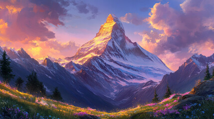 breathtaking sunset illuminates a majestic mountain, casting a warm, golden glow over the valley below, symbolizing nature's beauty, tranquility, and the awe-inspiring power of the natural world