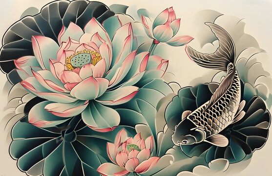 Koi Fish and Lotus Flower Tattoo Design