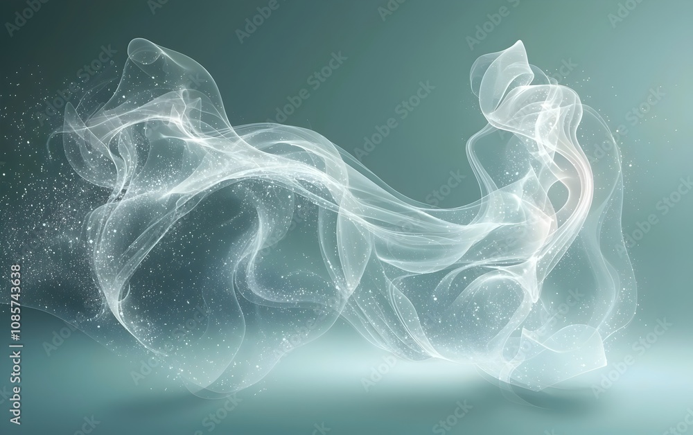Poster an ethereal swirl of translucent material with sparkling particles, creating a serene and dreamlike 