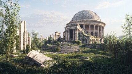 Ancient Pantheon in Ruins: Contrasting Past Glory with Present Tranquility in 3D Rendered Panoramic Scene with Dramatic Light