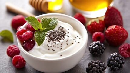 A healthy breakfast with a bowl of Greek yogurt, chia seeds, honey, and fresh berries, symbolizing the power of probiotics and wholesome eating.