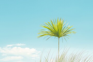 Naklejka premium Serenity in Nature: A Solo Palm Tree Against the Clear Blue Sky