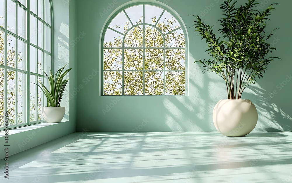 Poster a serene indoor space featuring large windows with leafy greenery outside, accented by potted plants